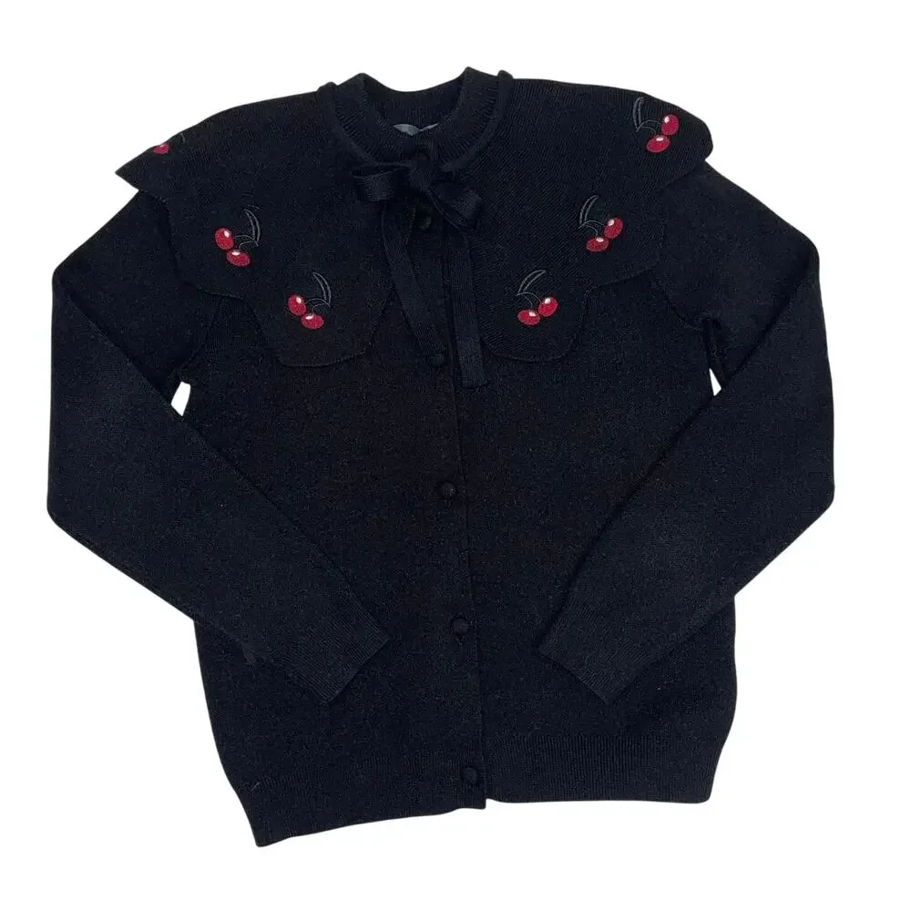 Girls Black Cardigan Sweater with Cherry Peter Pan Collar Tie Neck Size 12‎